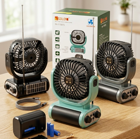 Ventilator Puternic Portabil cu Încărcare Solară, Radio FM, Bluetooth, Difuzor Bass și Slot Card