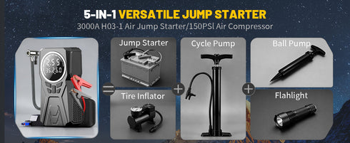 Compresor Auto Portabil 3 în 1 cu Starter Auto și Power Bank – 150 PSI, Baterie 6000mAh, LED și Afișaj Digital