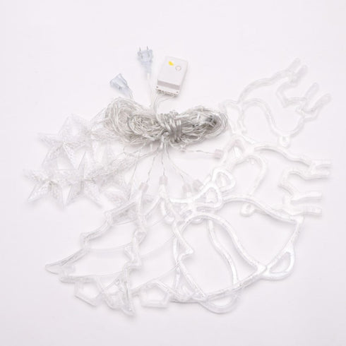 Instalatie perdea luminoasa cu figurine brazi, reni si clopotei