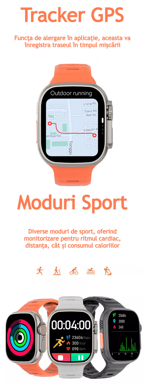 Ceas inteligent SmartWatch 8 Ultra Plus cu incarcare wireless, curea silicon