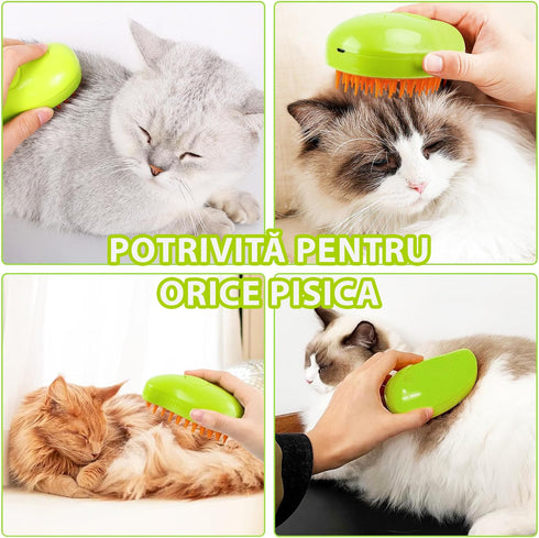Perie 3 în 1 Multifuncțională pentru Animale de Companie, cu Aburi și Pulverizare, Reîncărcabilă USB