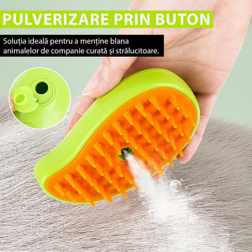 Perie 3 în 1 Multifuncțională pentru Animale de Companie, cu Aburi și Pulverizare, Reîncărcabilă USB