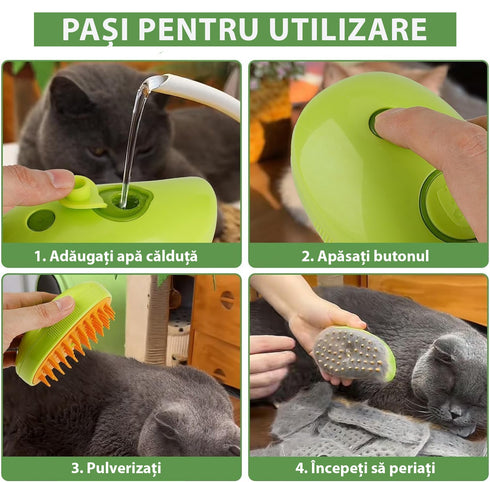 Perie 3 în 1 Multifuncțională pentru Animale de Companie, cu Aburi și Pulverizare, Reîncărcabilă USB