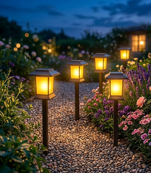 Set 2 Felinare Solare de Grădină cu LED, Impermeabil IP65, Senzor Crepuscular, Lumină Caldă