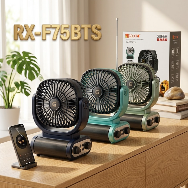 Ventilator Puternic Portabil cu Încărcare Solară, Radio FM, Bluetooth, Difuzor Bass și Slot Card