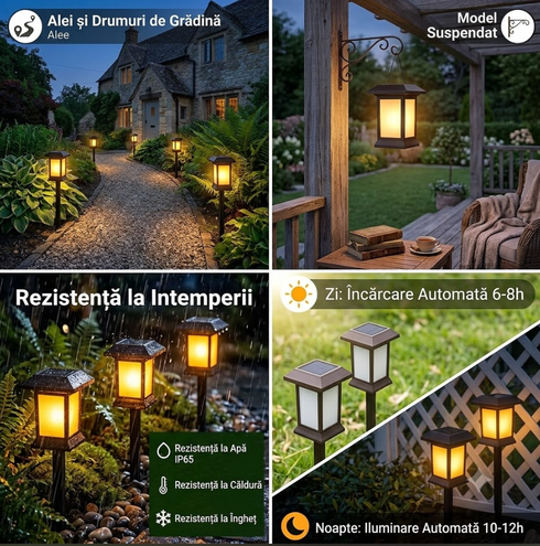 Set 2 Felinare Solare de Grădină cu LED, Impermeabil IP65, Senzor Crepuscular, Lumină Caldă