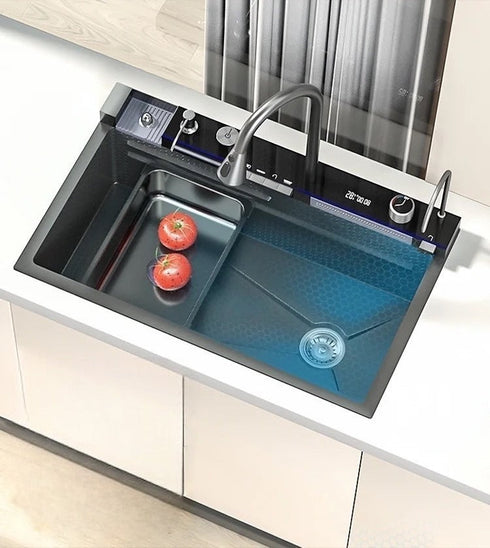 Chiuveta Bucatarie Premium Multifunctinala, Inteligenta, Display Digital, Cascada, Tocator, Spalator Pahare, Dozator Detergent, Alimentare hidroelectrica