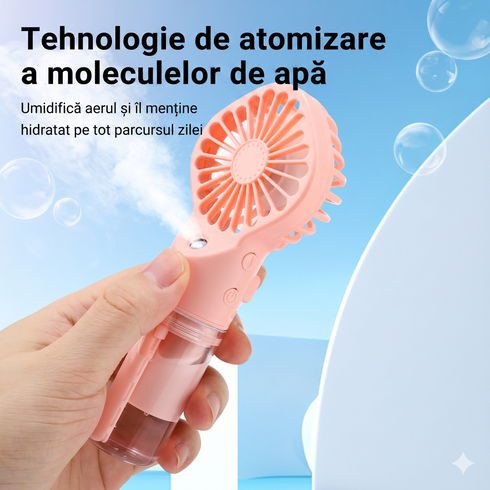 Ventilator Portabil cu Pulverizare Apă și Umidificator – Reîncărcabil USB, 4 Viteze, Silențios