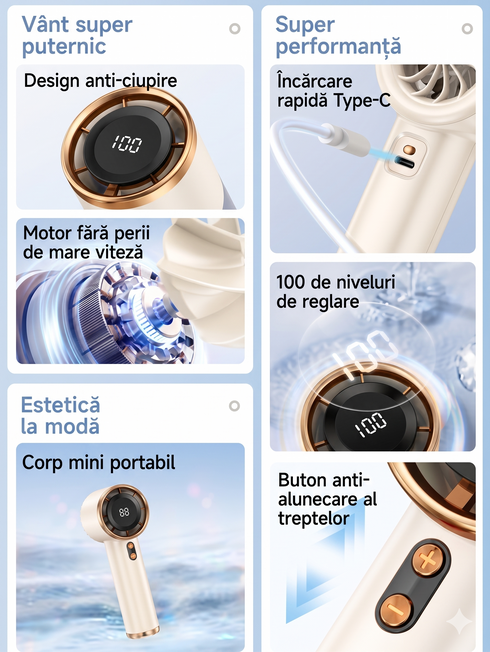 Ventilator Portabil Reîncărcabil – Afișaj Digital, Viteză Reglabilă 1-100, Flux de Aer Puternic