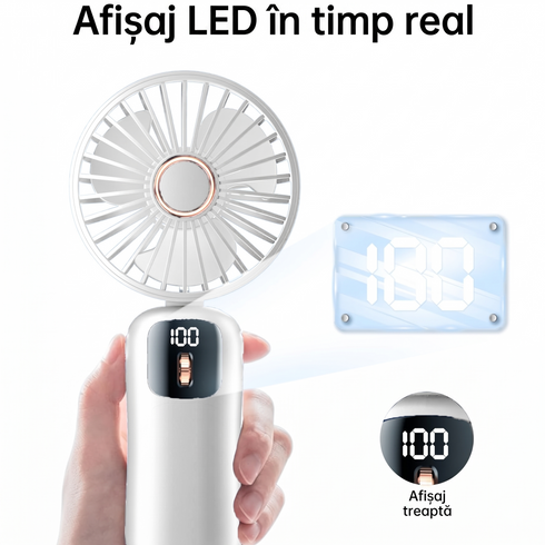 Ventilator Portabil Pliabil cu Afișaj LCD – 100 Trepte de Viteză, Baterie 4000mAh și Încărcare Type-C