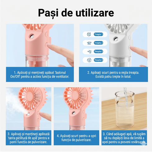 Ventilator Portabil cu Pulverizare Apă și Umidificator – Reîncărcabil USB, 4 Viteze, Silențios