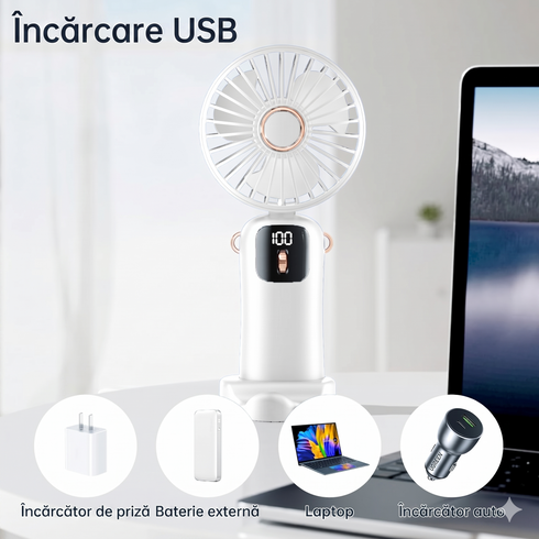 Ventilator Portabil Pliabil cu Afișaj LCD – 100 Trepte de Viteză, Baterie 4000mAh și Încărcare Type-C
