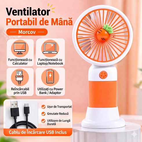 Mini Ventilator Portabil cu Suport, Reîncărcabil USB – Silențios, 3 Viteze, Design Compact