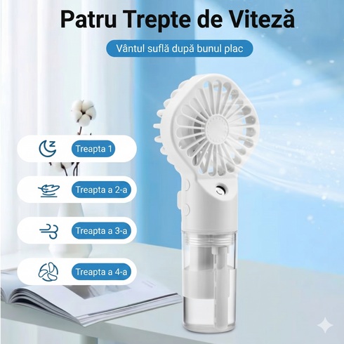 Ventilator Portabil cu Pulverizare Apă și Umidificator – Reîncărcabil USB, 4 Viteze, Silențios