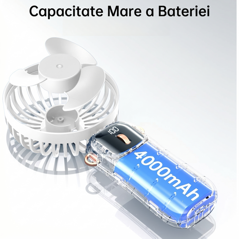 Ventilator Portabil Pliabil cu Afișaj LCD – 100 Trepte de Viteză, Baterie 4000mAh și Încărcare Type-C