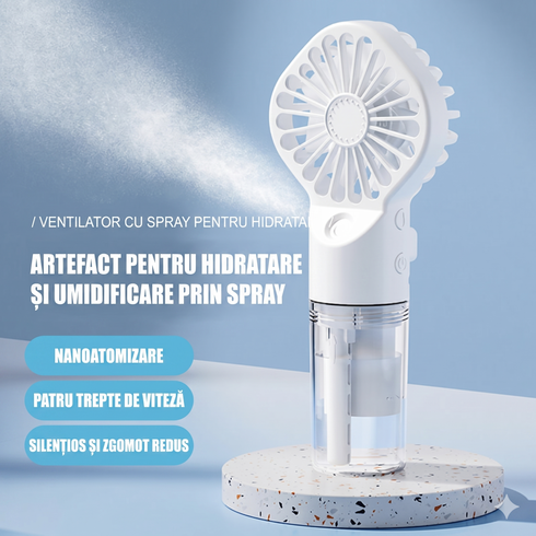 Ventilator Portabil cu Pulverizare Apă și Umidificator – Reîncărcabil USB, 4 Viteze, Silențios