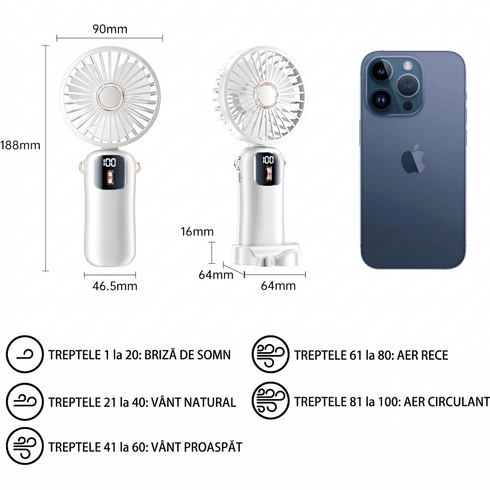 Ventilator Portabil Pliabil cu Afișaj LCD – 100 Trepte de Viteză, Baterie 4000mAh și Încărcare Type-C