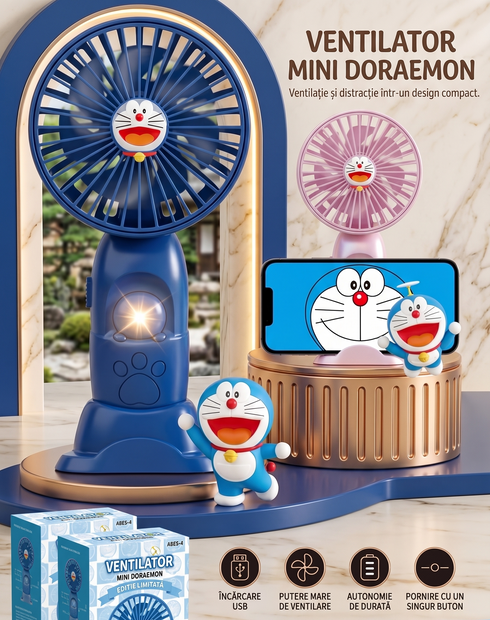 Mini Ventilator pentru Copii – Reîncărcabil USB, cu Suport pentru Telefon și Design Portabil