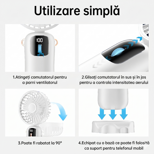 Ventilator Portabil Pliabil cu Afișaj LCD – 100 Trepte de Viteză, Baterie 4000mAh și Încărcare Type-C