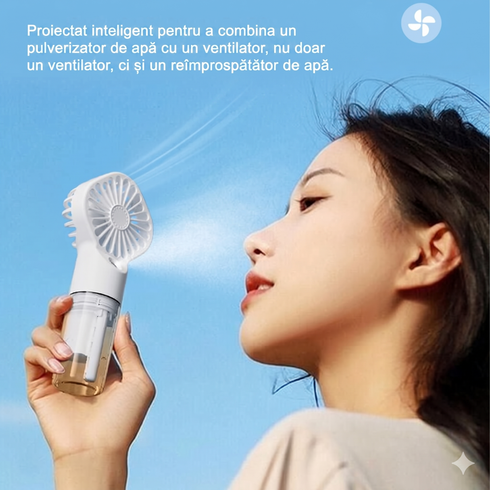 Ventilator Portabil cu Pulverizare Apă și Umidificator – Reîncărcabil USB, 4 Viteze, Silențios