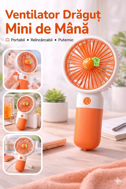 Mini Ventilator Portabil cu Suport, Reîncărcabil USB – Silențios, 3 Viteze, Design Compact