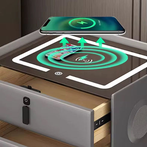 Noptiera Inteligentă Multifunctionala, iluminare LED tactil, incarcare wireless si USB, boxa Bluetooth, 2 sertare