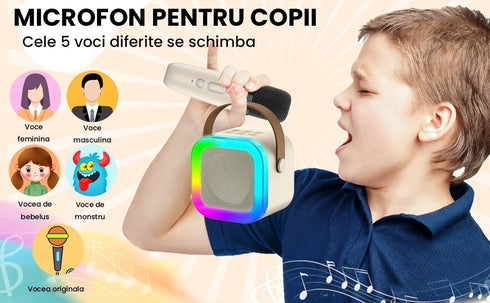 Set Karaoke Portabil Bluetooth 5.0 cu 2 Microfoane Wireless, Efecte de Voce și Lumini LED