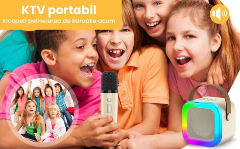 Set Karaoke Portabil Bluetooth 5.0 cu 2 Microfoane Wireless, Efecte de Voce și Lumini LED