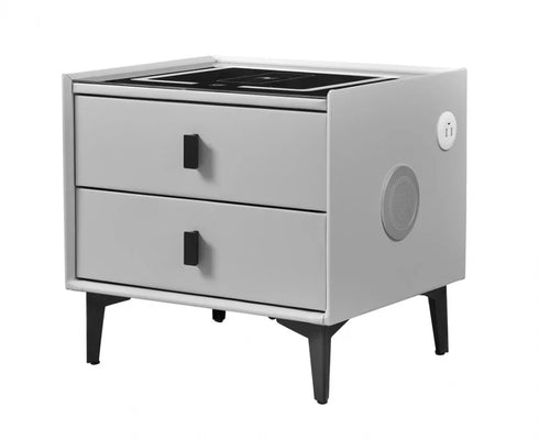 Noptiera Inteligentă Multifunctionala, iluminare LED tactil, incarcare wireless si USB, boxa Bluetooth, 2 sertare