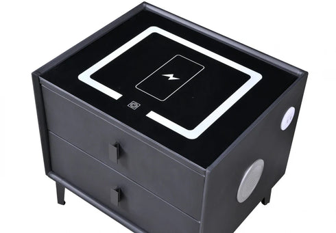 Noptiera Inteligentă Multifunctionala, iluminare LED tactil, incarcare wireless si USB, boxa Bluetooth, 2 sertare