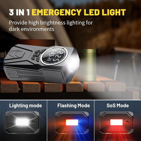 Compresor Auto Portabil 3 în 1 cu Starter Auto și Power Bank – 150 PSI, Baterie 6000mAh, LED și Afișaj Digital