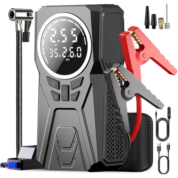 Compresor Auto Portabil 3 în 1 cu Starter Auto și Power Bank – 150 PSI, Baterie 6000mAh, LED și Afișaj Digital