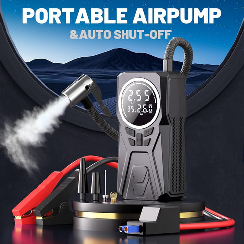 Compresor Auto Portabil 3 în 1 cu Starter Auto și Power Bank – 150 PSI, Baterie 6000mAh, LED și Afișaj Digital