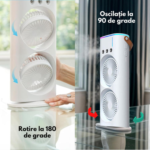 Ventilator Portabil 2-in-1 cu Pulverizare de Apă, Umidificator, Oscilație 90°, Rotire 180°