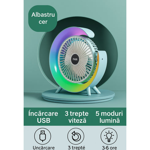 Ventilator Rotabil cu LED RGB – Reîncărcabil USB, 3 Trepte de Viteză, 5 Moduri de Iluminare
