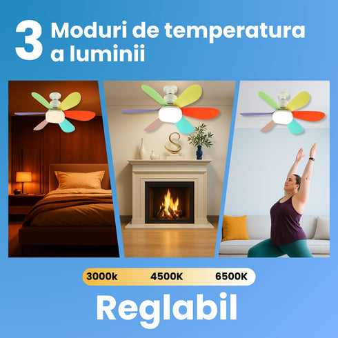 Ventilator de Tavan cu LED și Telecomandă – 40W, E27, 3 Viteze și 3 Moduri de Iluminare