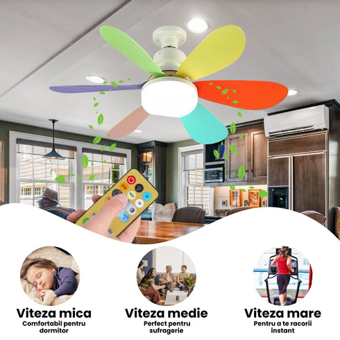 Ventilator de Tavan cu LED și Telecomandă – 40W, E27, 3 Viteze și 3 Moduri de Iluminare