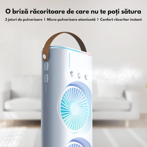 Ventilator Portabil 2-in-1 cu Pulverizare de Apă, Umidificator, Oscilație 90°, Rotire 180°