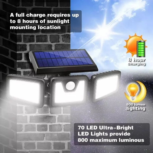 Lampă Solară LED cu 70 LED-uri și Senzor de Mișcare – 3 Capete Ajustabile pentru Exterior