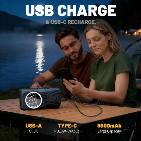 Compresor Auto Portabil 3 în 1 cu Starter Auto și Power Bank – 150 PSI, Baterie 6000mAh, LED și Afișaj Digital