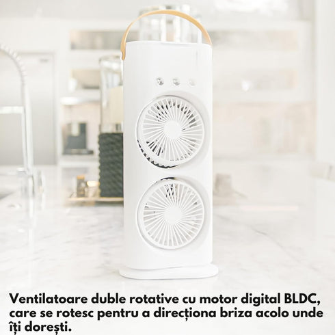 Ventilator Portabil 2-in-1 cu Pulverizare de Apă, Umidificator, Oscilație 90°, Rotire 180°
