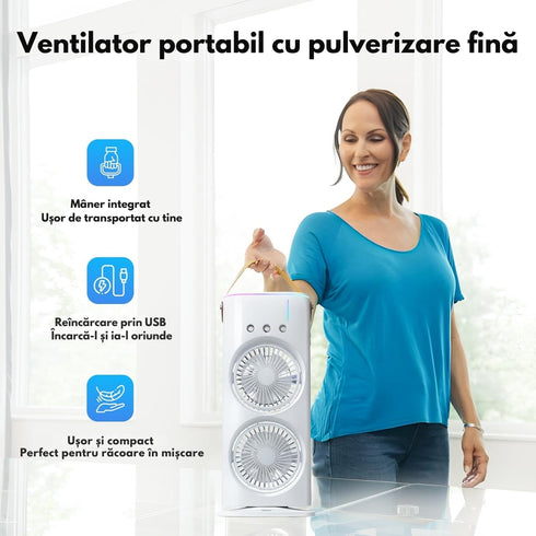Ventilator Portabil 2-in-1 cu Pulverizare de Apă, Umidificator, Oscilație 90°, Rotire 180°