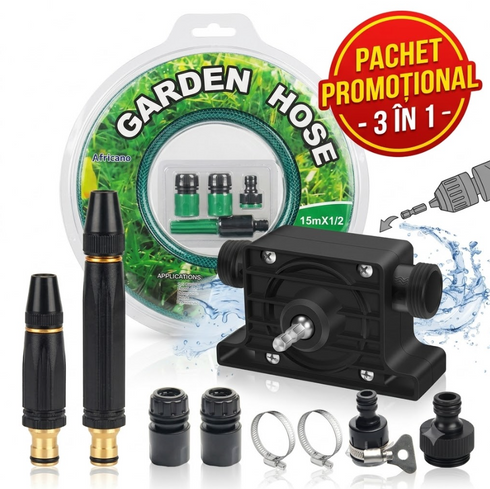 Pachet Promo 3 în 1 – Set Duze pentru Spălare cu Presiune + Pompă Autoamorsantă pentru Bormașină + Furtun de Grădină Ranforsat 15 m | Transfer 20-40 L/min | Accesorii Complete Incluse