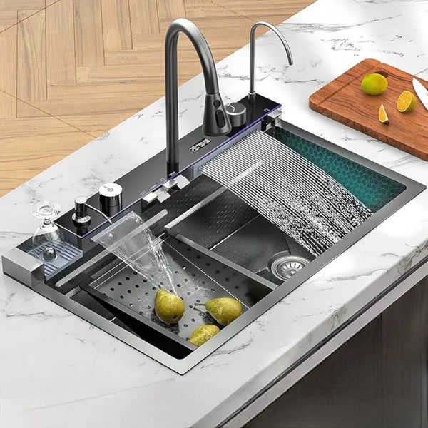 Chiuveta Bucatarie Premium Multifunctinala, Inteligenta, Display Digital, Cascada, Tocator, Spalator Pahare, Dozator Detergent, Alimentare hidroelectrica